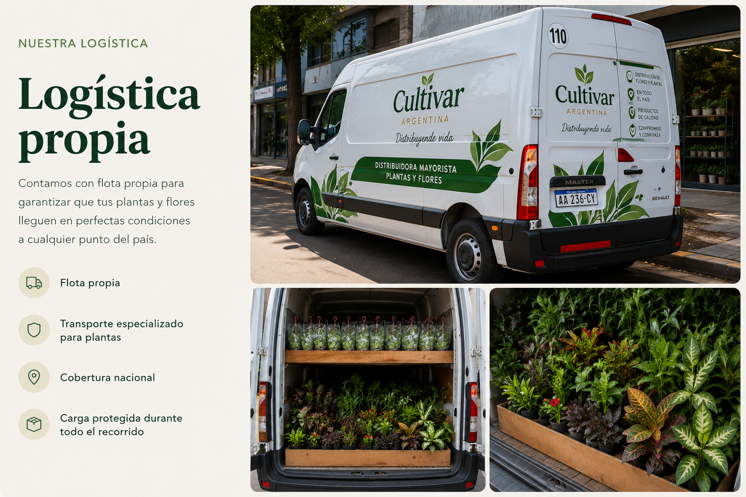 Logística propia de Cultivar Argentina — flota propia, transporte especializado de plantas y cobertura nacional